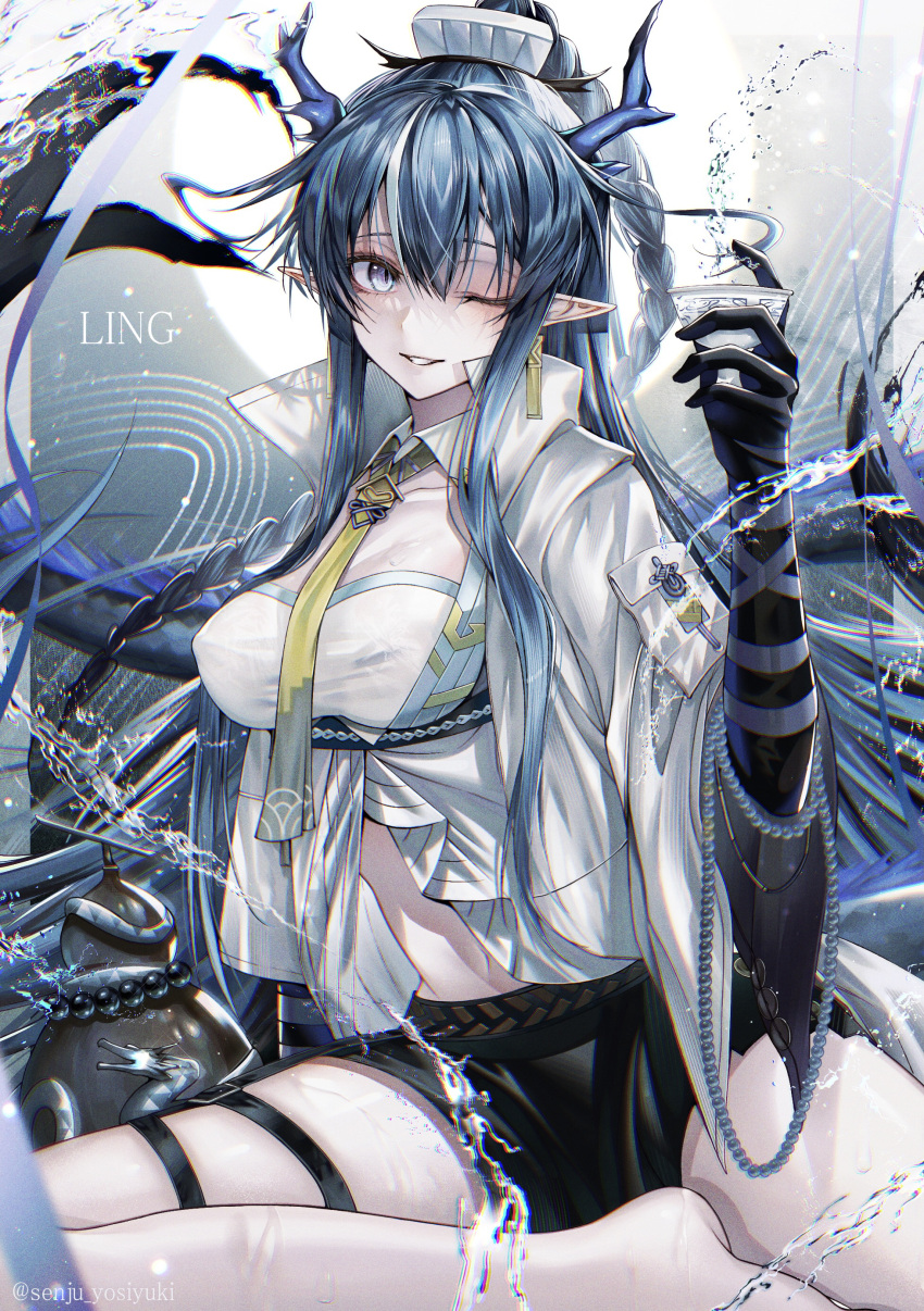 absurdres arknights barefoot black_shorts blue_eyes blue_hair breasts character_name coat commentary cup female grin hand_up highres holding holding_cup horns large_breasts ling_(arknights) long_hair looking_at_viewer midriff one_eye_closed pointy_ears senju_yosiyuki shirt short_shorts shorts smile solo tail thigh_strap thighs very_long_hair white_coat white_shirt