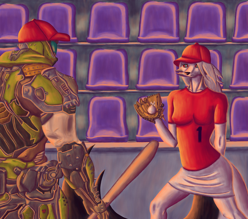 2021 absurd_res anthro armor ball baseball_(ball) baseball_(sport) baseball_bat baseball_cap baseball_glove bat_(object) bottomwear breasts canid canid_demon canine canis chair clothing demon demongirl_demoness detailed_background digital_drawing_(artwork) digital_media_(artwork) doom_(series) doom_slayer duo female fur furniture green_clothing grey_body grey_fur grey_hair hair hands_behind_back hat headgear headwear hellhound helluva_boss helmet hi_res holding_object human id_software loona_(helluva_boss) male mammal microsoft multicolored_body multicolored_fur mythological_canine mythological_creature mythology red_clothing red_sclera shirt skirt sport t-shirt topwear white_body white_clothing white_eyes white_fur wolf