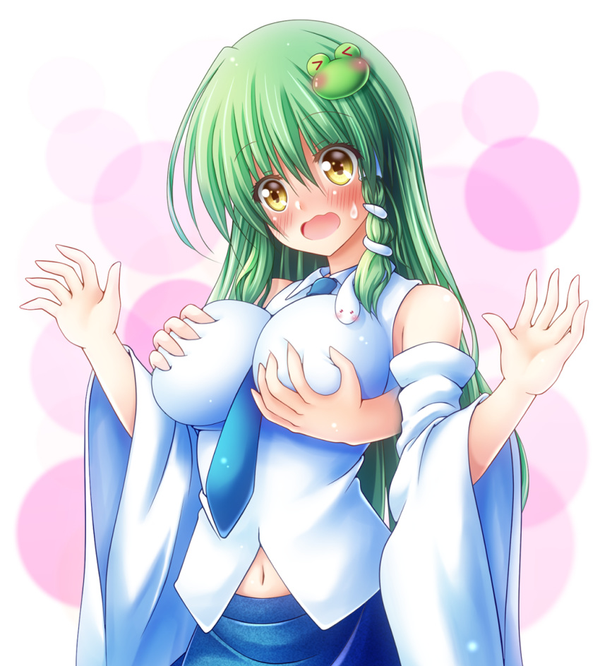 >_< 1boy :o bare_shoulders between_breasts blue_necktie blue_skirt blush breasts commentary_request detached_sleeves disembodied_hand expressive_object eyes_visible_through_hair female flustered frog_hair_ornament grabbing grabbing_another's_breast grabbing_from_behind green_hair hair_between_eyes hair_ornament hands_up highres kochiya_sanae large_breasts long_hair navel necktie nontraditional_miko osashin_(osada) shirt simple_background skirt snake_hair_ornament solo_focus straight sweatdrop touhou wavy_mouth white_shirt wide_sleeves yellow_eyes