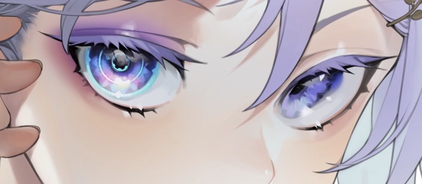 artificial_eye close-up eye_focus eyelashes female fingernails hair_between_eyes hair_ornament hairclip lens_eye looking_at_viewer mechanical_eye ohisashiburi original purple_eyes purple_hair purple_hair_girl_(ohisashiburi) solo