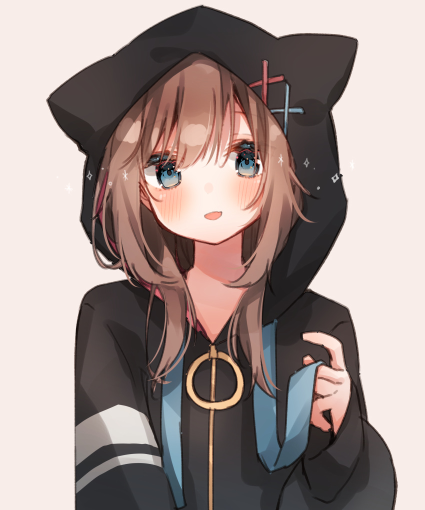 :d absurdres animal_ears animal_hood black_jacket blue_eyes blush brown_background brown_hair cat_ears cat_hood commentary drawstring fake_animal_ears female hair_between_eyes hand_up heripiro highres hood hood_up hooded_jacket jacket long_sleeves nekomimi_onnanoko_(heripiro) original puffy_long_sleeves puffy_sleeves simple_background sleeves_past_wrists smile solo upper_body