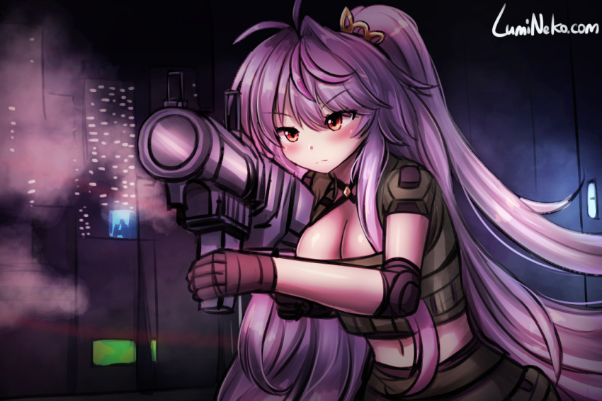 alternate_costume artist_name azur_lane black_gloves blush breasts cleavage commentary elbow_pads english_commentary female gloves grenade_launcher grenville_(azur_lane) large_breasts long_hair lumineko midriff navel pun purple_hair red_eyes very_long_hair weapon x-com xcom_2