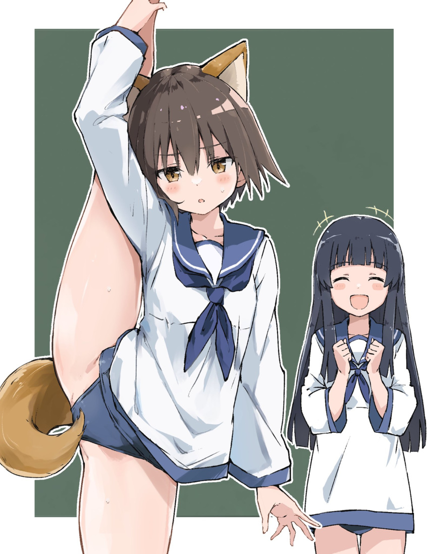 +++ 2girls :o ^_^ animal_ears black_hair blue_neckerchief blue_one-piece_swimsuit blue_sailor_collar blunt_bangs brown_eyes brown_hair closed_eyes collarbone commentary cowboy_shot dog_ears dog_girl dog_tail dot_nose ganbaru_pose green_background hair_between_eyes highres jitome long_hair looking_at_viewer miyafuji_yoshika multiple_girls neckerchief no_pants one-piece_swimsuit open_mouth outline outside_border rauto sailor_collar sailor_shirt school_swimsuit school_uniform serafuku shirt short_hair solo_focus split standing standing_on_one_leg standing_split strike_witches sweatdrop swimsuit swimsuit_under_clothes tail two-tone_background white_outline white_shirt world_witches_series yamakawa_michiko