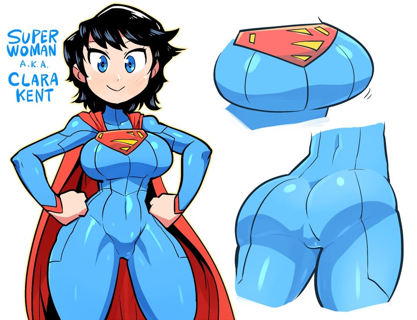 :> ass black_hair blue_bodysuit blue_eyes blush bodysuit breasts bright_pupils cape character_name closed_mouth commentary covered_navel dc_comics english_commentary female genderswap_(mtf) hands_on_own_hips highres large_breasts long_sleeves looking_at_viewer mixed-language_commentary multiple_views rariatto_(ganguri) red_cape rule_63 simple_background smile standing superhero_costume superman superman_(series) superwoman white_background wide_hips