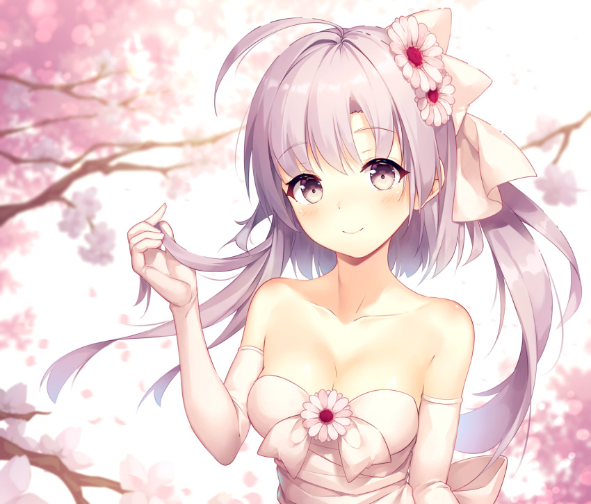 arm_up bad_id bad_pixiv_id bare_shoulders blush branch breasts cherry_blossoms cleavage collarbone dress elbow_gloves female floral_background flower gloves hair_flower hair_ornament hair_ribbon hand_in_own_hair highres kyouou_ena light_purple_hair long_hair looking_at_viewer medium_breasts momoiro_taisen_pairon petals pink_flower pink_ribbon purple_eyes ribbon smile solo strapless strapless_dress tree twintails upper_body white_dress white_gloves