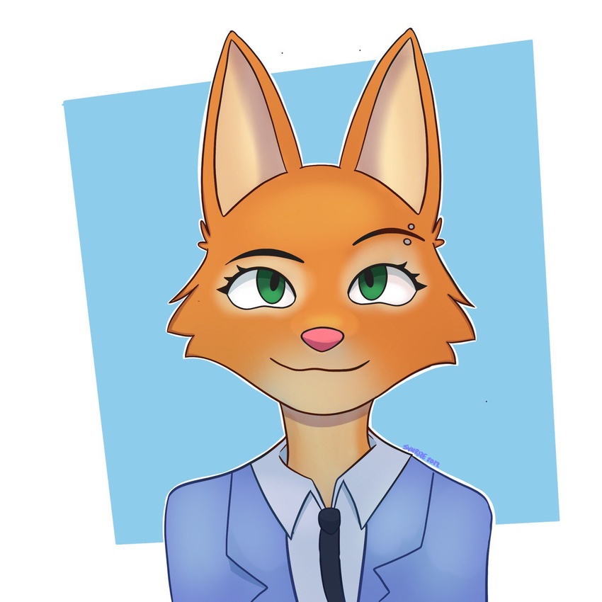 1:1 2022 canid canine clothed clothing diane_foxington dreamworks eyebrow_piercing facial_piercing female fox fur green_eyes hi_res mammal necktie orange_body orange_fur piercing pink_nose solo sunriseuwu the_bad_guys