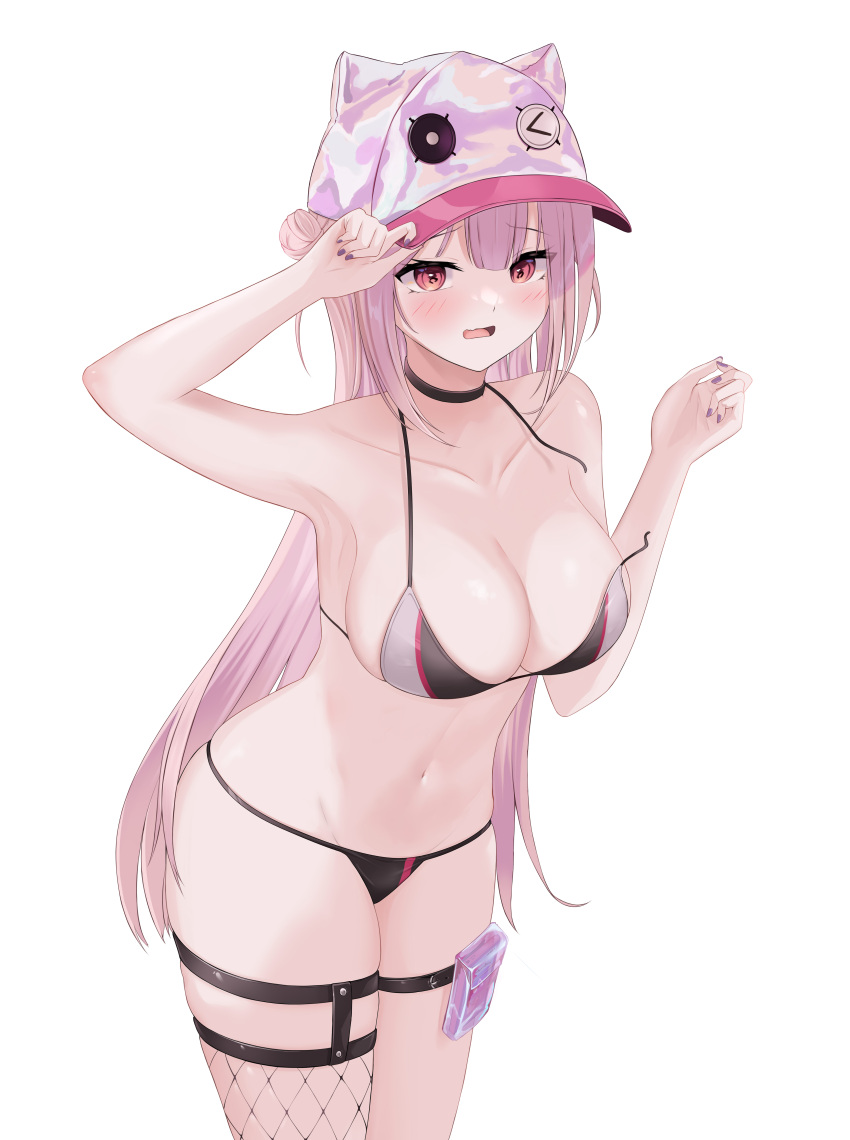 absurdres animal_ear_headwear animal_ears animal_hat arm_up armpits bare_shoulders bikini black_bikini black_choker blush breasts cat_hat choker cleavage collarbone commentary_request embarrassed fake_animal_ears female fishnet_thighhighs fishnets girls'_frontline hat highres holster large_breasts long_hair looking_at_viewer navel official_alternate_costume open_mouth pink_hair pink_hat red_eyes simple_background solo strap_break swimsuit thigh_holster thigh_strap thighhighs ukm-2000_(girls'_frontline) ukm-2000_(soda_tale)_(girls'_frontline) untied_bikini vii22581034 wardrobe_malfunction white_background