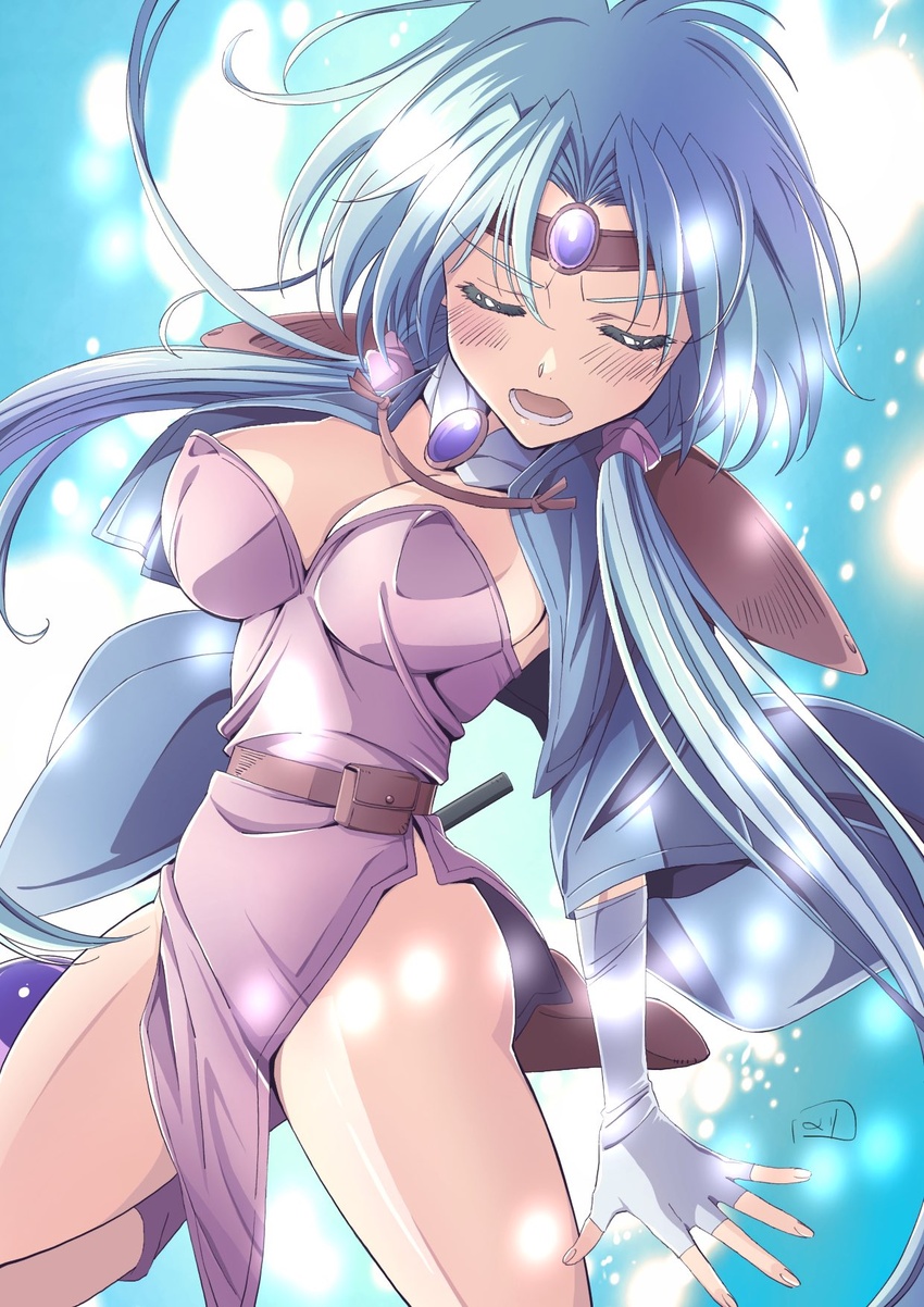 blue_hair blush breasts circlet cleavage dress female fingerless_gloves gloves haou_taikei_ryuu_knight highres large_breasts long_hair nori_(norimakigumo) open_mouth paffy_pafuricia solo twintails very_long_hair