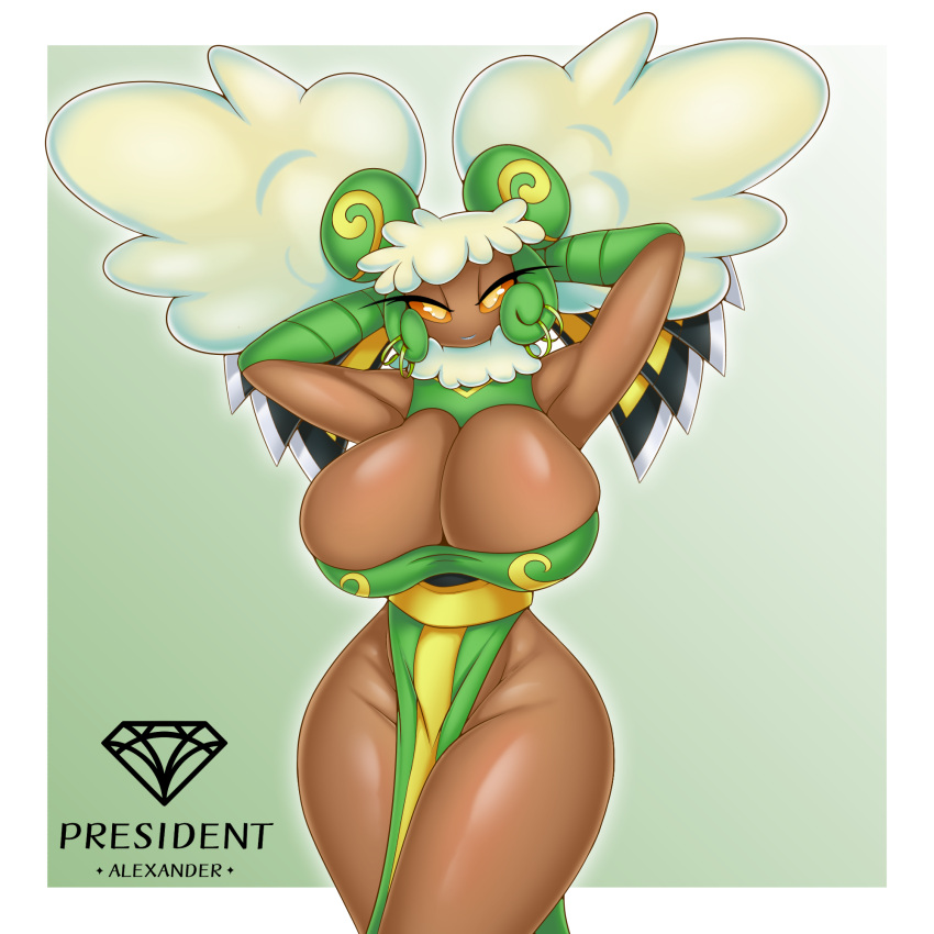 1:1 accessory anthro asian_clothing big_breasts breasts celes_(celes_the_whim) chinese_clothing clothed clothing east_asian_clothing female generation_5_pokemon hi_res huge_breasts multicolored_body nintendo pokemon pokemon_(species) pokemorph presialexander solo thick_thighs whimsicott wide_hips