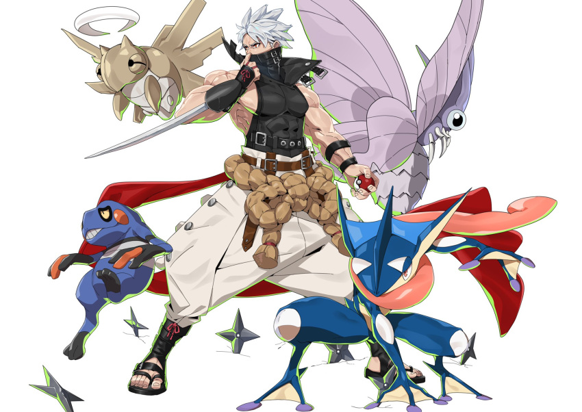 1boy belt black_belt bug chipp_zanuff croagunk crossover greninja guilty_gear guilty_gear_strive highres holding holding_poke_ball japanese_clothes makai male_focus muscular muscular_male pectorals poke_ball poke_ball_(basic) pokemon pokemon_(creature) red_eyes shedinja simple_background sleeveless spiked_hair standing toeless_footwear venomoth weapon white_background white_hair wings