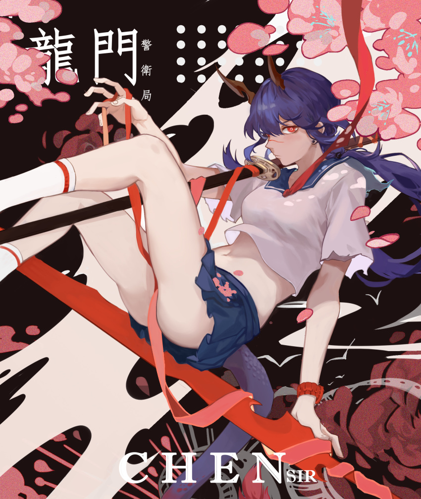 alternate_costume arknights bare_legs blue_hair blue_skirt breasts ch'en_(arknights) character_name cherry_blossoms closed_mouth commentary_request dragon_horns dragon_tail ear_piercing female floating highres horns katana long_hair looking_at_viewer medium_breasts midriff miniskirt narakuuu navel petals photoshop_(medium) piercing pleated_skirt red_eyes ribbon sailor_collar scabbard school_uniform serafuku sheath sheathed shirt skirt socks solo sword tail thighs torn_clothes torn_sleeves twintails watch weapon white_shirt white_socks wristwatch