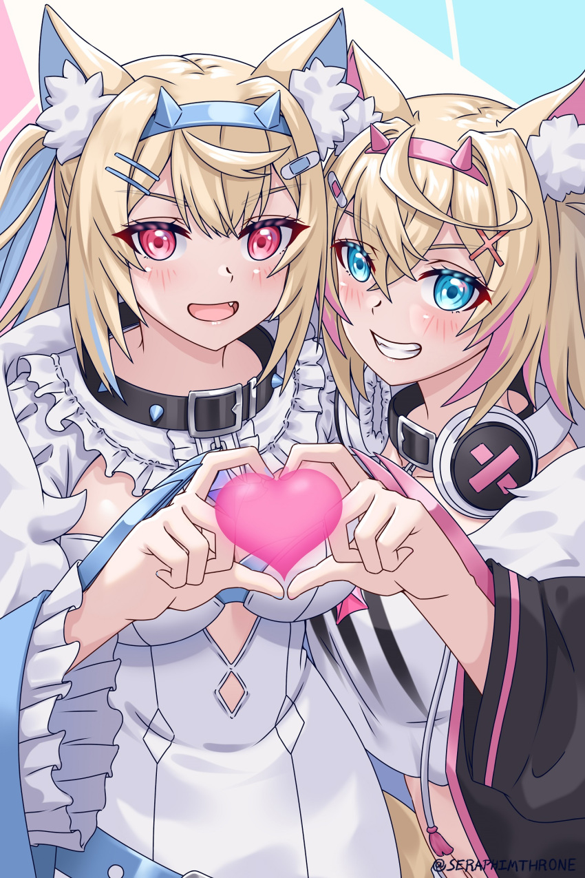 2girls animal_ear_fluff animal_ears belt_collar black_collar black_jacket blonde_hair blue_eyes blue_hair blush breasts closed_mouth collar cropped_jacket cropped_shirt dog_ears dog_girl dress fur-trimmed_jacket fur_trim fuwawa_abyssgard fuwawa_abyssgard_(1st_costume) hair_ornament hairpin headphones headphones_around_neck heart heart_hands heart_hands_duo highres hololive hololive_english jacket large_breasts long_hair medium_hair mococo_abyssgard mococo_abyssgard_(1st_costume) multicolored_hair multiple_girls oerba_yun_fang open_mouth pink_eyes pink_hair seraphim_throne siblings sisters smile spiked_collar spikes streaked_hair twins virtual_youtuber white_dress x_hair_ornament