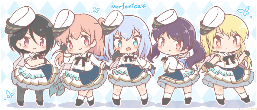 5girls :3 :o argyle_background asymmetrical_bangs asymmetrical_hair bang_dream! black_footwear black_gloves black_hair black_legwear black_ribbon blonde_hair blue_background blue_butterfly blue_eyes blue_skirt blush_stickers brown_eyes bug butterfly buttons chibi collared_dress commentary_request double-breasted dress full_body futaba_tsukushi gloves grey_hair group_name hair_between_eyes half_gloves hand_up hat highres hiromachi_nanami kirigaya_toko kurata_mashiro layered_skirt long_hair long_sleeves looking_at_viewer mini_hat mitarashi_neko morfonica multiple_girls neck_ribbon one_side_up orange_hair pantyhose parted_lips pink_eyes profile purple_hair ribbon see-through shadow short_hair short_sleeves side-by-side sidelocks skirt smile socks standing tilted_headwear triangle_mouth twintails twitter_username uniform white_legwear white_uniform yashio_rui