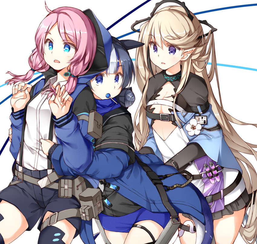 3girls arknights blue_eyes blue_hair blue_jacket blue_poison_(arknights) blue_poison_(elite_ii)_(arknights) blush brown_hair candy elite_ii_(arknights) food food_in_mouth glaucus_(arknights) hair_bun hair_ornament hasumi_takashi highres hood hooded_jacket hug hug_from_behind id_card indigo_(arknights) infection_monitor_(arknights) jacket lollipop long_hair long_sleeves low_twintails medium_hair miniskirt multicolored_hair multiple_girls open_clothes open_collar open_jacket parted_lips pink_hair pointy_ears purple_eyes shirt shorts shrug_(clothing) single_hair_bun skirt streaked_hair suspender_shorts suspenders tail test_tube thighhighs twintails very_long_hair white_shirt