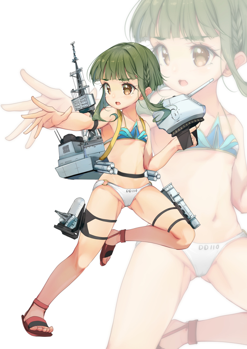 absurdres adapted_turret anti-aircraft_gun bikini bob_cut braid brown_eyes cannon clothes_writing commentary_request female flat_chest gatling_gun green_hair highres js_takanami_(kancolle) kantai_collection machinery mismatched_bikini short_hair short_hair_with_long_locks sidelocks simple_background solo standing standing_on_one_leg swimsuit takanami_(kancolle) turret white_background yashin_(yasinz) zoom_layer