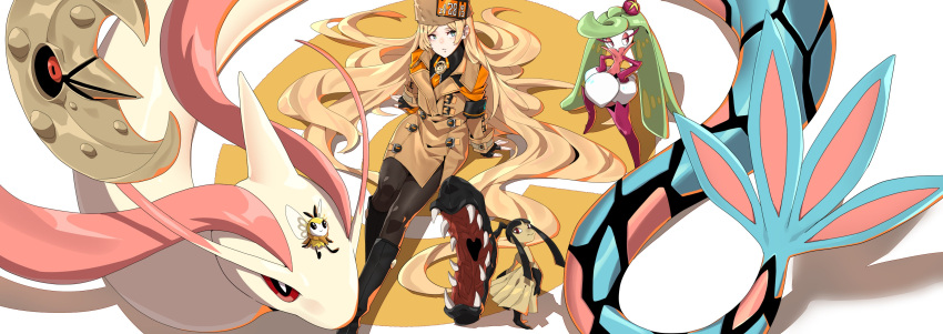 absurdres armband black_footwear black_legwear blonde_hair boots brown_coat brown_headwear coat crossover female guilty_gear guilty_gear_strive hands_on_own_hips hat highres knee_boots long_hair long_sleeves lunatone makai mawile millia_rage milotic pantyhose parted_lips poke_ball_symbol pokemon pokemon_(creature) ribombee simple_background sitting tsareena very_long_hair white_background