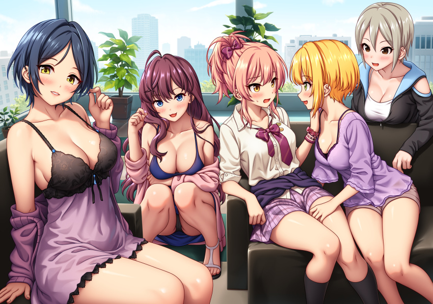 5girls :3 ahoge black_hair black_jacket blonde_hair blue_eyes blush bow bowtie breasts brown_hair cleavage collarbone commentary_request couch day dress green_eyes grey_hair hair_between_eyes hairbow hayami_kanade highres ichinose_shiki idolmaster idolmaster_cinderella_girls indoors jacket jougasaki_mika large_breasts lipps_(idolmaster) lips long_hair looking_at_viewer miyamoto_frederica multiple_girls nazu-na off_shoulder open_mouth panties parted_bangs parted_lips pink_hair plaid plaid_skirt plant ponytail potted_plant purple_bow purple_dress purple_skirt school_uniform shiomi_syuko shirt short_hair sitting skirt smile squatting striped striped_bow underwear wavy_hair white_shirt yellow_eyes