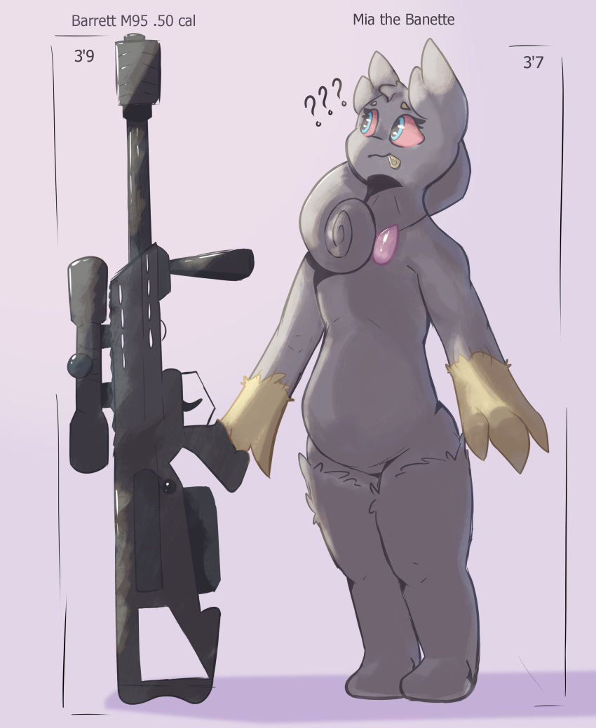 absurd_res anthro anti-materiel_rifle banette barrett_.50cal barrett_m95 chart fan_character female generation_3_pokemon gun height_chart hi_res mia_perella model_sheet nintendo pokemon pokemon_(species) question_mark ranged_weapon simple_background solo wanderlust weapon xurora