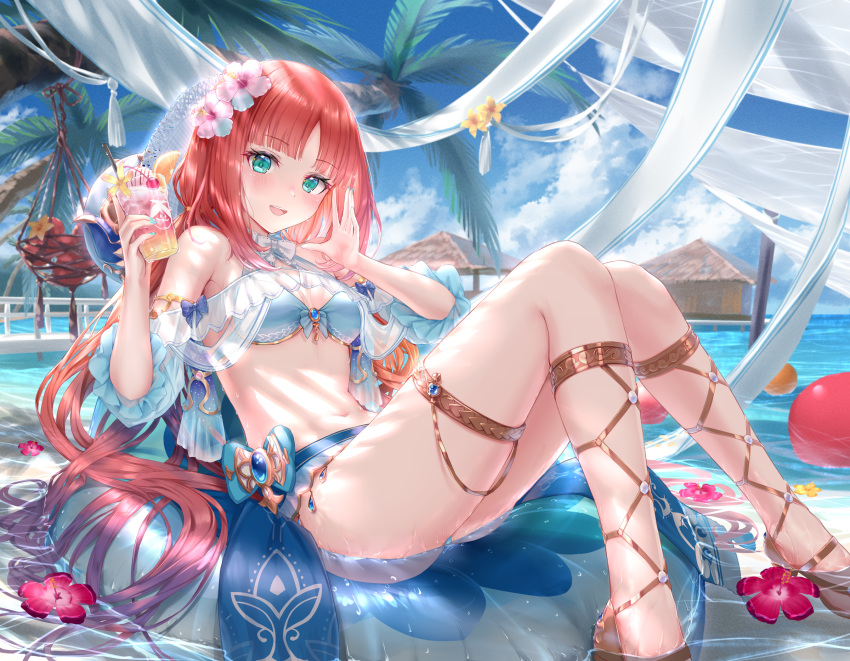 alternate_costume anklet aqua_eyes bare_shoulders bikini blue_bikini blue_skirt blue_sky blush breasts cleavage commentary_request cup day detached_sleeves female flower genshin_impact green_eyes hair_flower hair_ornament high_heels highres holding holding_cup innertube jewelry kachayori knees_up long_hair looking_at_viewer low_twintails medium_breasts navel nilou_(genshin_impact) open_mouth outdoors palm_tree red_hair sandals sash sidelocks skirt sky smile solo stomach swim_ring swimsuit thighlet thighs tree twintails very_long_hair water wet