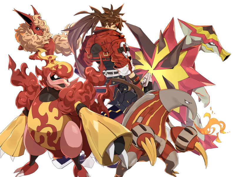 1boy absurdres brown_hair claws cropped_jacket crossover fire flareon gloves guilty_gear guilty_gear_strive headband heatmor highres jacket long_hair magmortar makai male_focus open_mouth pokemon pokemon_(creature) ponytail red_headband red_jacket simple_background sol_badguy spiked_hair trait_connection turtonator white_background