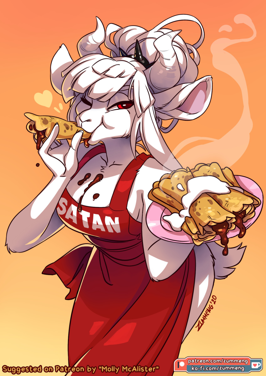 2020 5_fingers anthro apron bovid breasts caprine cleavage clothed clothing digital_media_(artwork) eating female fingers food food_on_breasts fur goat goat_lucifer_(helltaker) gradient_background hair heart_symbol helltaker hi_res holding_food holding_object horn mammal red_eyes signature simple_background smile text text_on_apron text_on_clothing url white_body white_fur white_hair zummeng