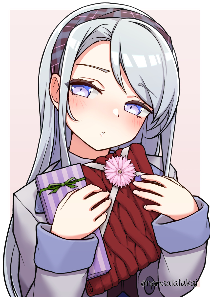 absurdres blush box coat commentary_request female flower gift gift_box grey_hair hairband highres holding holding_gift kantai_collection long_hair long_sleeves namaata official_alternate_costume parted_lips pink_flower plaid plaid_hairband purple_eyes sagiri_(kancolle) simple_background solo twitter_username two-tone_background upper_body valentine