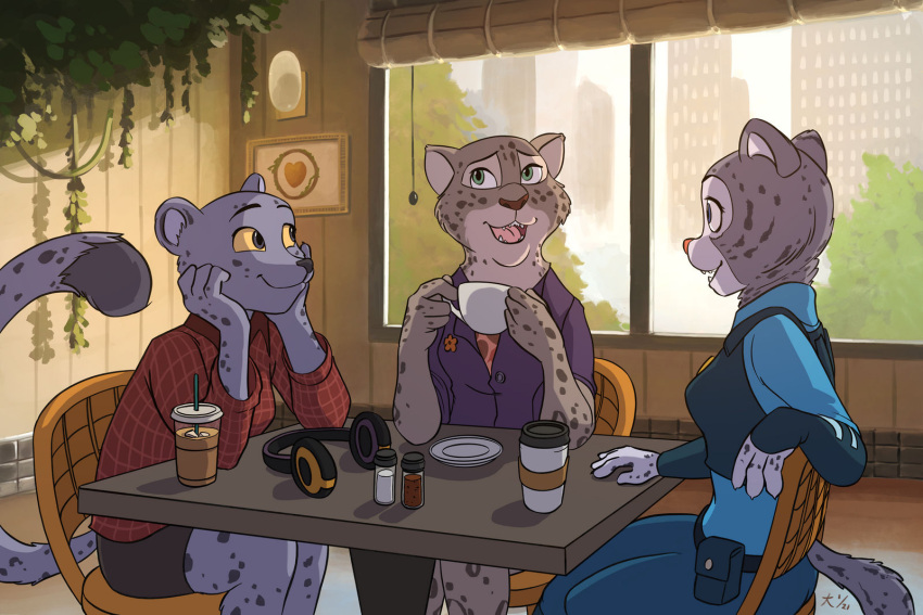 anthro as_dusk_falls_a_new_dawn_rises bella_growley beverage cafe chair city city_background coffee deannart disney electronics fabienne_growley fan_character felid feline female furniture group headphones hi_res mammal mathilda_growley musician news news_reporter pantherine plant police police_officer reporter sibling_(lore) sister_(lore) sisters_(lore) snow_leopard table window zootopia