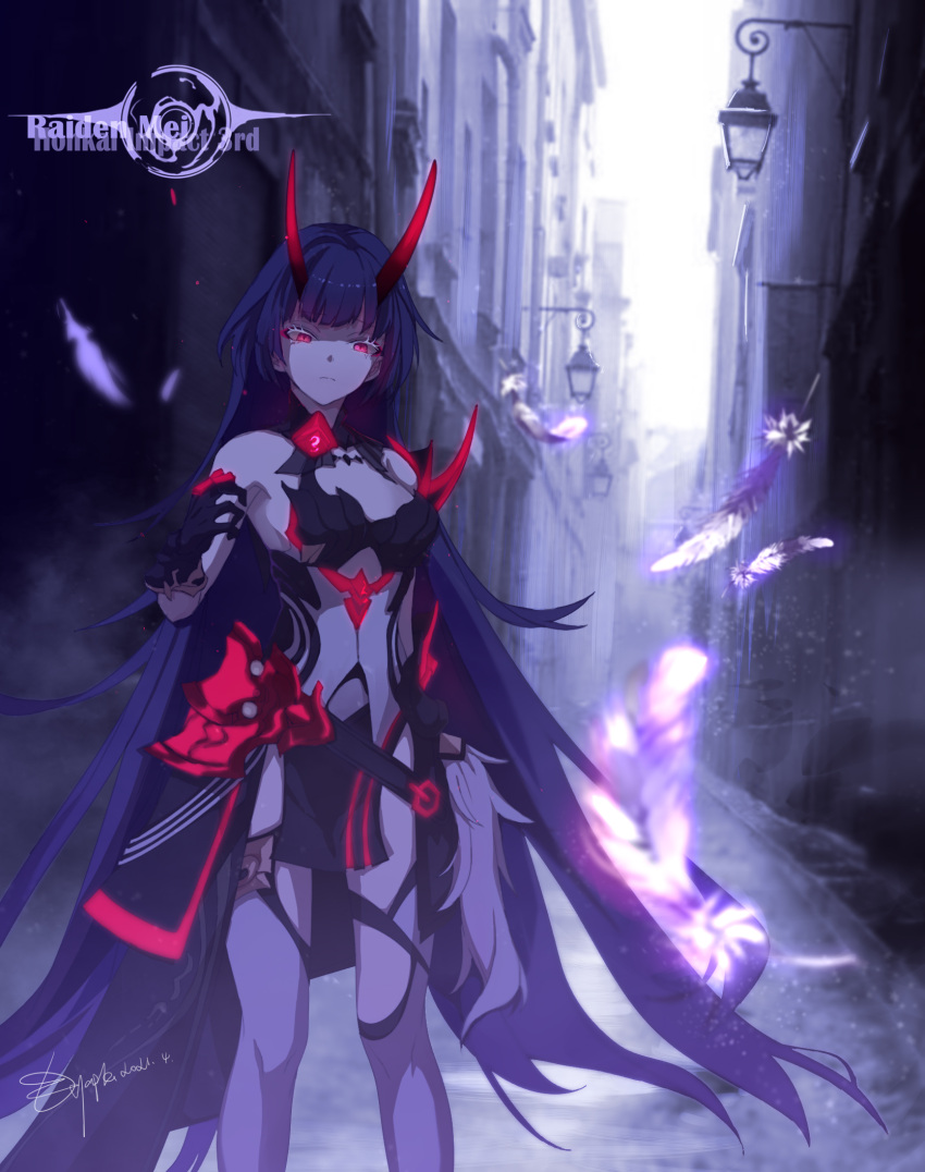 armor bare_shoulders black_gloves breasts character_name cleavage closed_mouth feathers female gloves glowing highres honkai_(series) honkai_impact_3rd horns japanese_armor long_hair looking_at_viewer nid417 outdoors purple_eyes purple_hair raiden_mei raiden_mei_(herrscher_of_thunder) signature solo thighhighs white_thighhighs