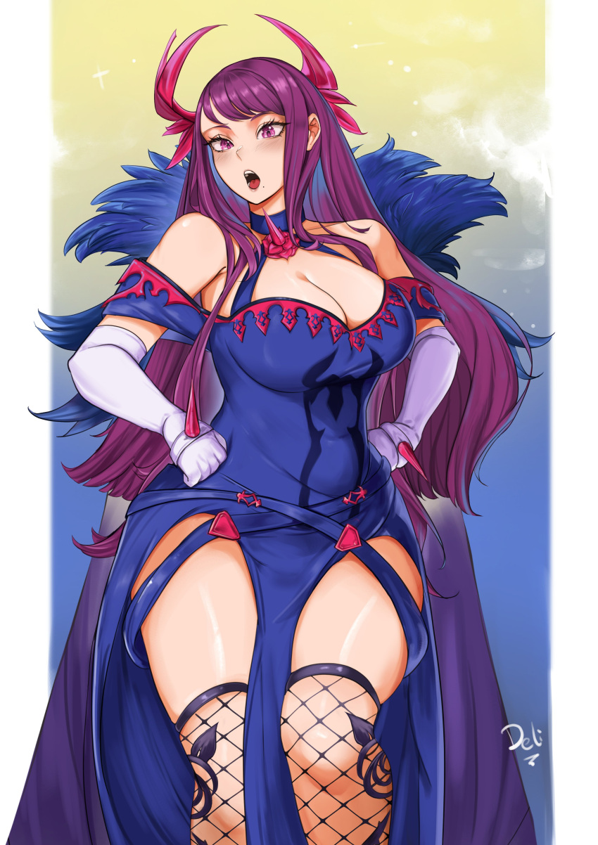 absurdres bare_shoulders blue_choker blue_dress blush breasts choker cleavage commentary deliciousbrain dress elbow_gloves feet_out_of_frame female fire_emblem fire_emblem_engage fishnet_thighhighs fishnets gloves hands_on_own_hips highres ivy_(fire_emblem) large_breasts long_hair looking_at_viewer mole mole_under_mouth off-shoulder_dress off_shoulder open_mouth pelvic_curtain purple_eyes purple_hair short_sleeves solo standing thighhighs thighs very_long_hair white_gloves