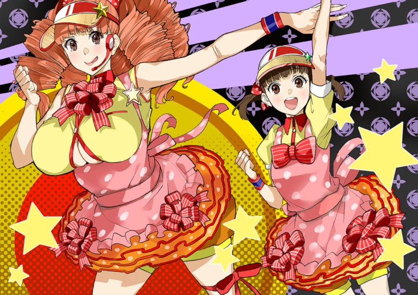 azukiko blush breasts brown_eyes brown_hair cleavage doujima_nanako dress long_hair looking_at_viewer mashita_kanami multiple_girls open_mouth persona persona_4 persona_4:_dancing_all_night persona_dancing photoshop_(medium) short_hair smile twintails