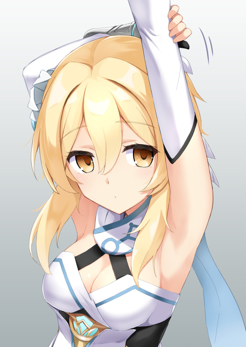 absurdres arm_up armpits blonde_hair breasts cleavage dress elbow_gloves female genshin_impact gloves hair_ornament half-closed_eyes highres hino_(2nd_life) looking_at_viewer lumine_(genshin_impact) sidelocks sleeveless sleeveless_dress solo stretching upper_body vambraces yellow_eyes