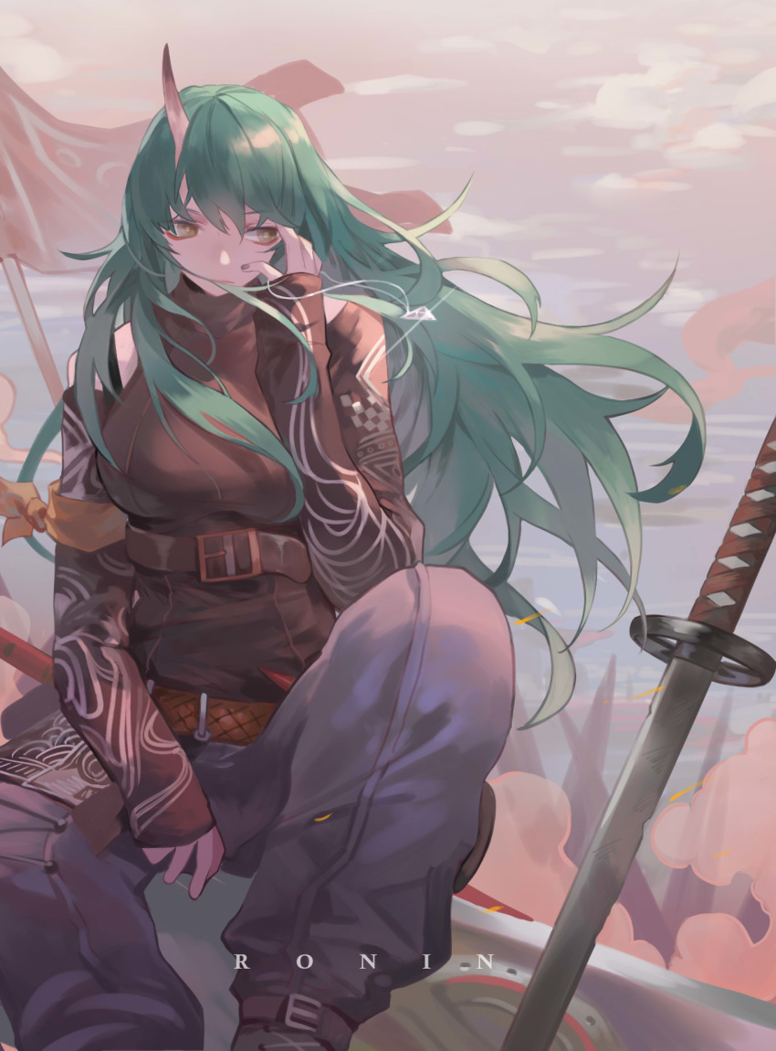 alternate_costume arknights arm_ribbon arm_scarf baggy_pants bare_shoulders belt black_footwear cloud commentary_request eyeliner female flag green_eyes green_hair hair_between_eyes highres horns hoshiguma_(arknights) hoshiguma_(ronin_huntress)_(arknights) long_hair looking_to_the_side makeup narakuuu official_alternate_costume pants ribbon single_horn sitting skin-covered_horns sky solo sword very_long_hair weapon