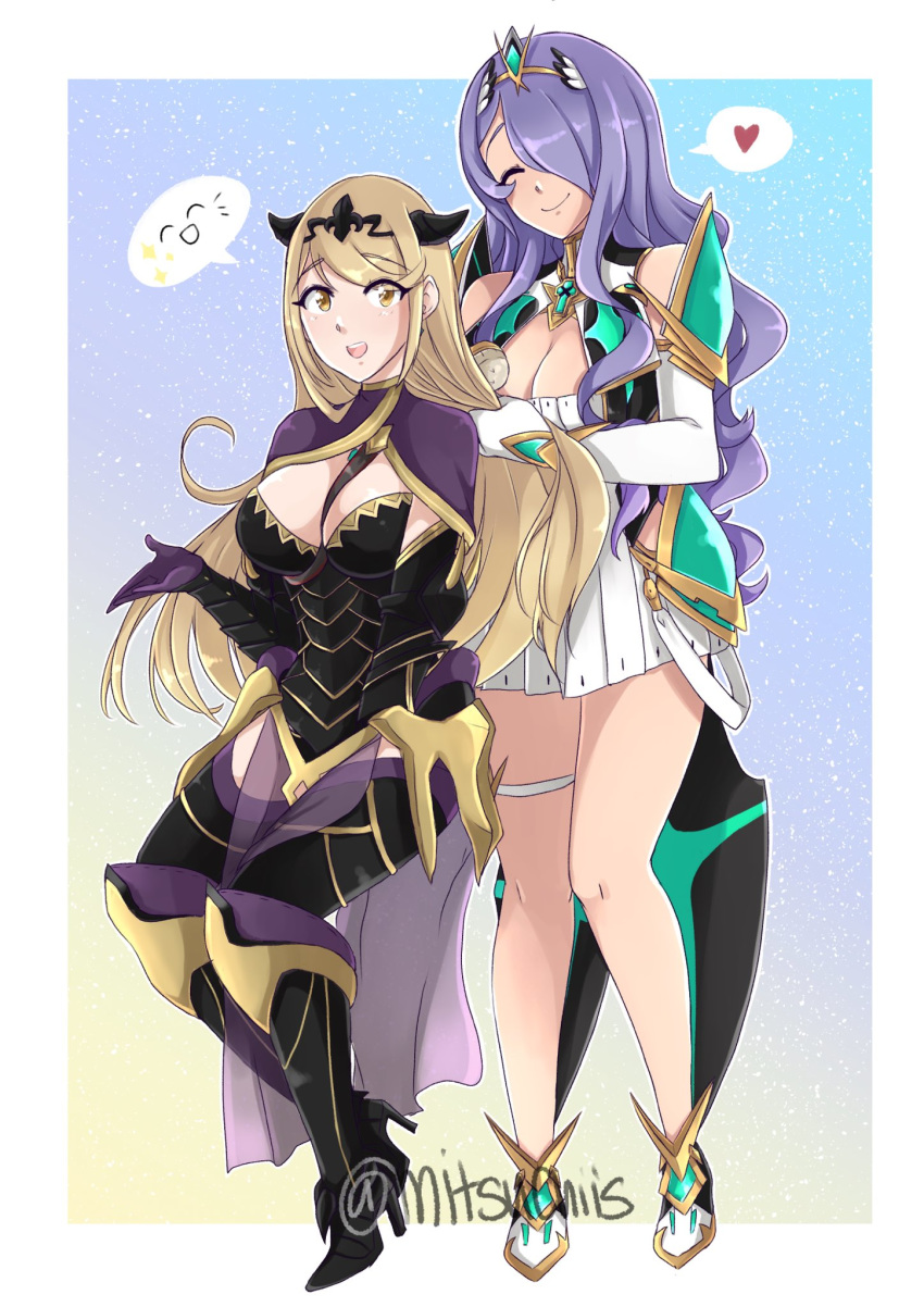 2girls armor armored_boots black_armor black_footwear blonde_hair boots breasts brushing_another's_hair brushing_hair camilla_(fire_emblem) camilla_(fire_emblem)_(cosplay) cleavage closed_eyes cosplay costume_switch crossover dress eyes_visible_through_hair fire_emblem fire_emblem_fates full_body hair_over_one_eye headpiece heart high_heel_boots high_heels highres jewelry large_breasts long_hair mitsuchiis multiple_girls mythra_(xenoblade) mythra_(xenoblade)_(cosplay) purple_hair smile spoken_heart swept_bangs thigh_boots thigh_strap thighhighs thighs tiara very_long_hair wavy_hair white_dress xenoblade_chronicles_(series) xenoblade_chronicles_2 yellow_eyes