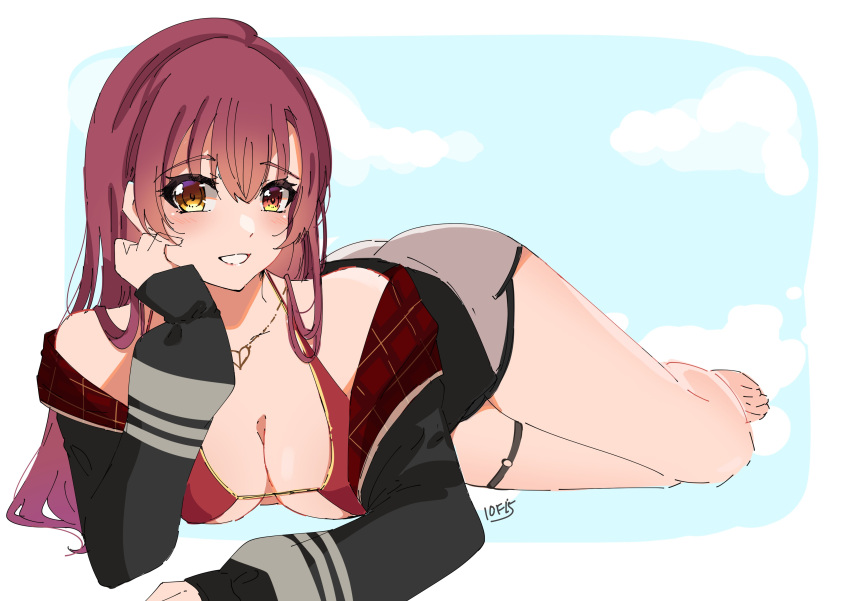 absurdres airani_iofifteen_(artist) alternate_hairstyle ass bare_shoulders barefoot bikini black_jacket blue_background blush breasts cleavage cloud female hair_between_eyes hand_on_own_cheek hand_on_own_face head_rest heart heart_necklace heterochromia highres hololive hood hooded_jacket houshou_marine houshou_marine_(summer) jacket jewelry long_hair looking_at_viewer lying medium_breasts necklace off_shoulder official_alternate_costume red_bikini red_eyes red_hair short_shorts shorts sidelocks signature smile swimsuit virtual_youtuber yellow_eyes