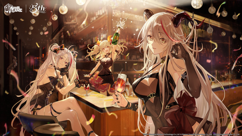 3girls absurdres aegir_(azur_lane) azur_lane black_dress black_gloves black_horns black_nails blonde_hair bluecher_(azur_lane) bottle breasts crossed_legs demon_horns dress drink elbow_gloves english_commentary evening_gown frilled_gloves frills gloves halterneck highres hitokoto holding holding_drink horns long_hair looking_at_viewer medium_breasts multiple_girls official_alternate_costume official_art prinz_eugen_(azur_lane) prinz_eugen_(cordial_cornflower)_(azur_lane) second-party_source single_elbow_glove thigh_strap thighs twintails very_long_hair white_hair wine_bottle yellow_eyes