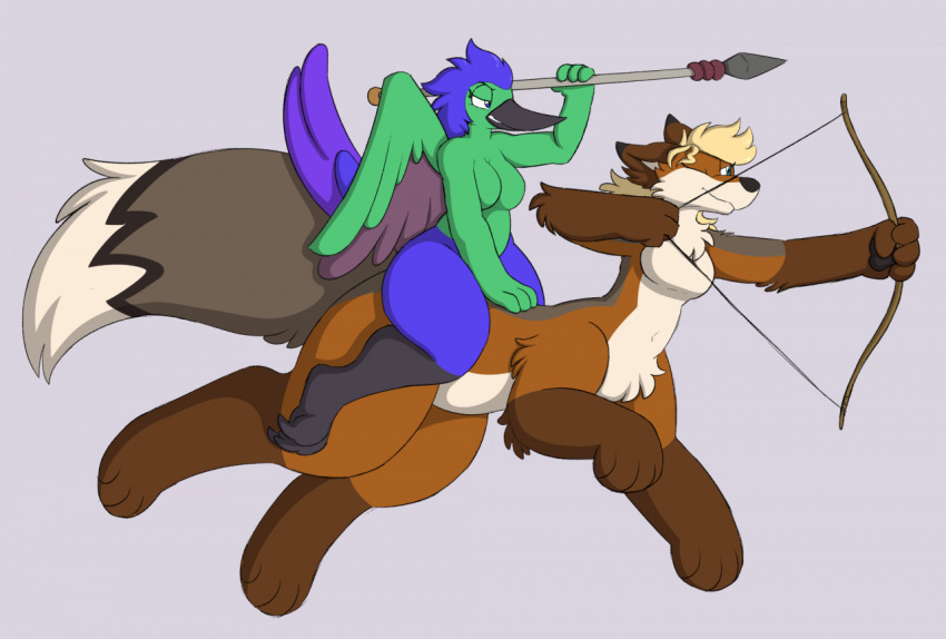 anthro apodiform avian beak bird blonde_hair blue_hair bow_(weapon) canid canid_taur canine canine_taur crisstail duo feathers female fox fox_taur green_body green_feathers grey_tail hair hummingbird mammal mammal_taur melee_weapon polearm ranged_weapon riding riding_on_back spear sylph_(arta_shrike) tail taur weapon wings yuna_(kalofoxfire)