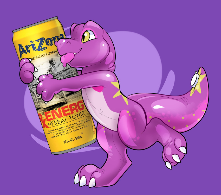 animate_inanimate anthro arizona_iced_tea beverage_can dinosaur extinct hi_res hug hugging_object inflatable living_inflatable male pool_toy prehistoric_species reptile rindeadsong scalie simple_background solo theropod tongue tongue_out tyrannosaurid tyrannosauroid tyrannosaurus tyrannosaurus_rex yellow_eyes zoran