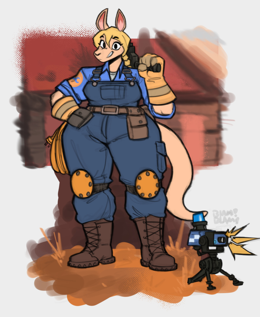 absurd_res anthro belt blonde_hair boots clothing engineer_(team_fortress_2) female footwear gloves hair handwear hi_res huge_thighs kangaroo knee_pads looking_at_viewer macropod mammal marsupial mechanic muscular muscular_female s_miles_art sentry_gun_(team_fortress_2) shirt smile smiling_at_viewer solo team_fortress_2 thick_thighs tool_belt tools topwear uniform valve wrench