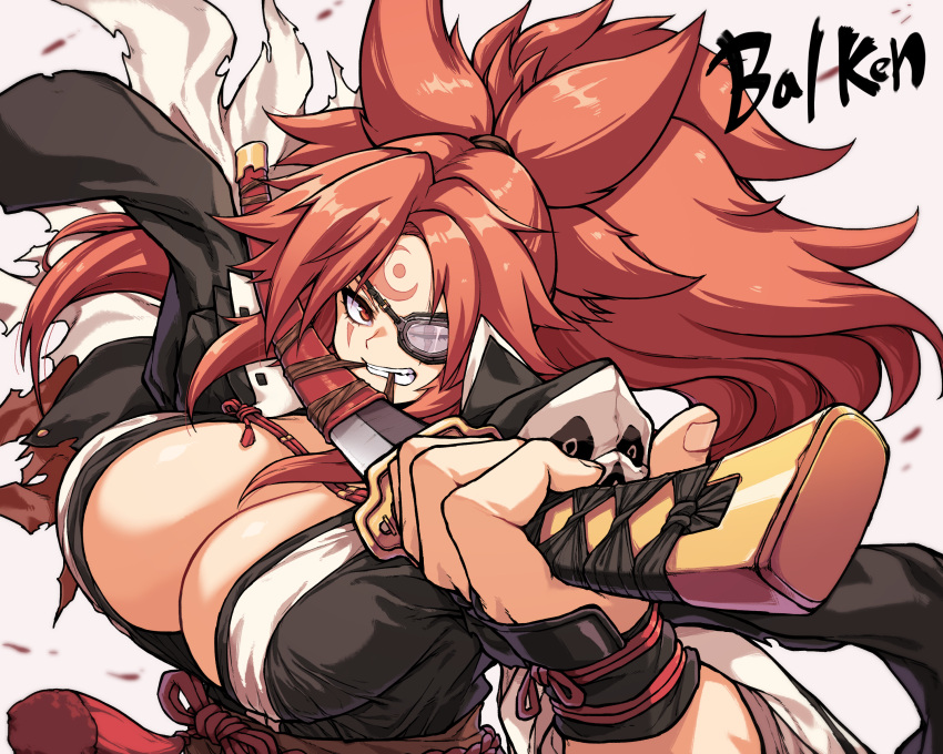 amputee bad_id bad_pixiv_id baiken big_hair black_jacket black_kimono breasts cleanerjay cleavage drawing_sword eyepatch facial_tattoo female guilty_gear guilty_gear_strive highres holding holding_sword holding_weapon jacket jacket_on_shoulders japanese_clothes kataginu katana kimono large_breasts mouth_hold multicolored_clothes multicolored_kimono one-eyed pink_hair ponytail red_eyes reverse_grip samurai sash scar sheath solo sword tattoo unsheathing weapon white_kimono