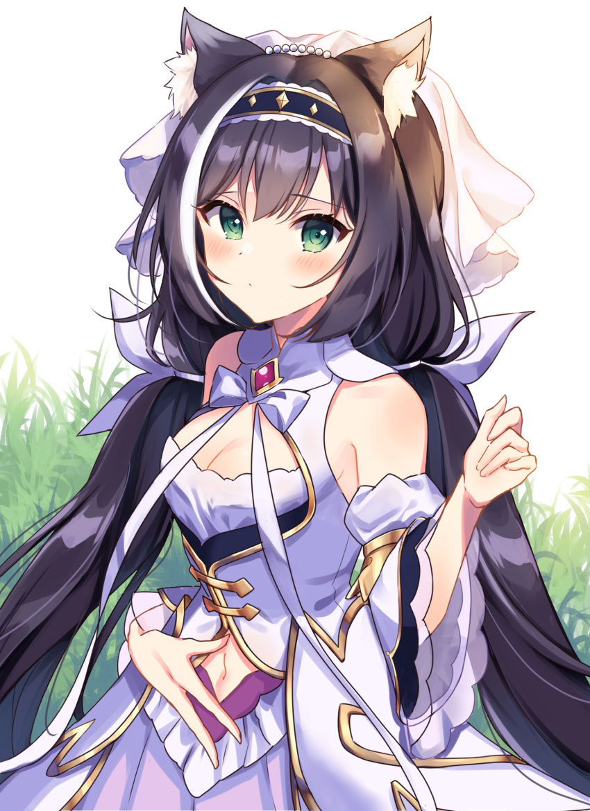 animal_ear_fluff animal_ears bare_shoulders black_hair black_hairband blush breasts cat_ears cat_girl cleavage closed_mouth clothing_cutout commentary_request detached_sleeves dress female green_eyes hair_between_eyes hairband hand_up highres juliet_sleeves karyl_(princess)_(princess_connect!) karyl_(princess_connect!) long_hair long_sleeves looking_at_viewer low_twintails miyakoto multicolored_hair navel navel_cutout pink_skirt pleated_skirt princess_connect! puffy_sleeves skirt sleeveless sleeveless_dress small_breasts solo streaked_hair twintails very_long_hair white_dress white_hair wide_sleeves