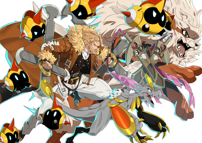 1boy absurdres arcanine belt black_gloves blonde_hair blue_eyes brown_belt brown_jacket claws crossover doublade dual_wielding facial_hair falinks fingerless_gloves fur-trimmed_jacket fur_trim gloves grin guilty_gear guilty_gear_strive hakamo-o highres holding jacket leo_whitefang long_hair makai male_focus pants pokemon pokemon_(creature) simple_background smile weapon white_background white_pants