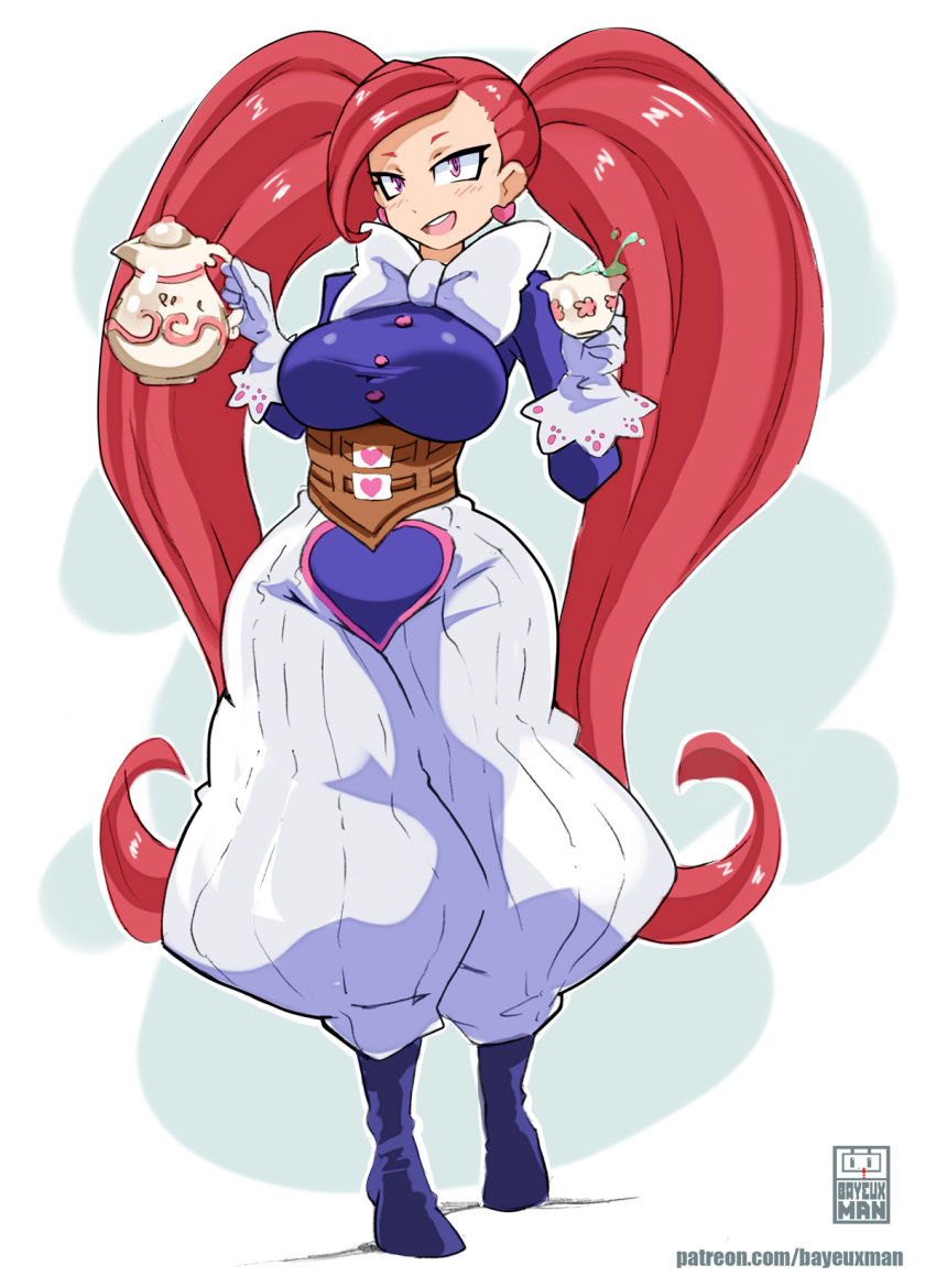 :d aged_up alternate_height artist_name baggy_pants bayeuxman blue_footwear blue_shirt blush boku_no_hero_academia breasts buttons commentary corset cup earrings female full_body gloves happy heart highres holding holding_cup holding_teapot jewelry la_brava large_breasts long_hair looking_at_viewer open_mouth pants pink_eyes red_hair shirt short_eyebrows smile solo standing teapot twintails very_long_hair watermark web_address white_gloves