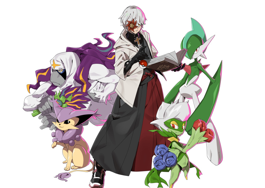 1boy absurdres asuka_r._kreutz black_gloves book cross crossover delcatty eyepatch gallade gloves grey_hair guilty_gear guilty_gear_strive hair_between_eyes hakama hakama_skirt highres holding holding_book japanese_clothes makai male_focus oranguru parted_lips poke_ball pokemon pokemon_(creature) roserade shoes simple_background skirt sneakers standing white_background yellow_eyes