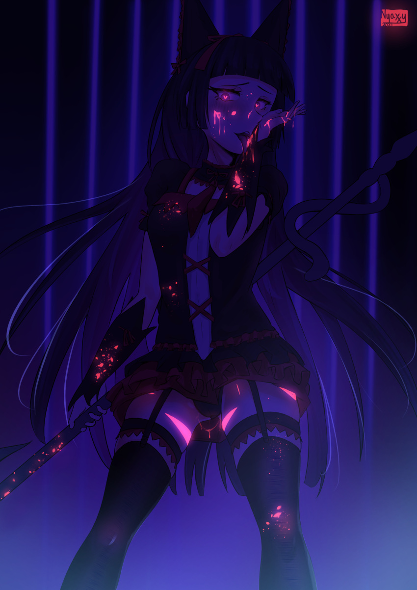 artist_name ass_visible_through_thighs black_hair black_panties black_thighhighs breasts earrings female garter_straps gate_-_jieitai_ka_no_chi_nite_kaku_tatakaeri glowing glowing_eyes gothic_lolita heart heart-shaped_pupils heart_earrings highres jewelry licking lolita_fashion long_hair looking_at_viewer nyaxxy panties petite polearm rory_mercury small_breasts symbol-shaped_pupils thighhighs thighs tongue tongue_out underwear very_long_hair weapon