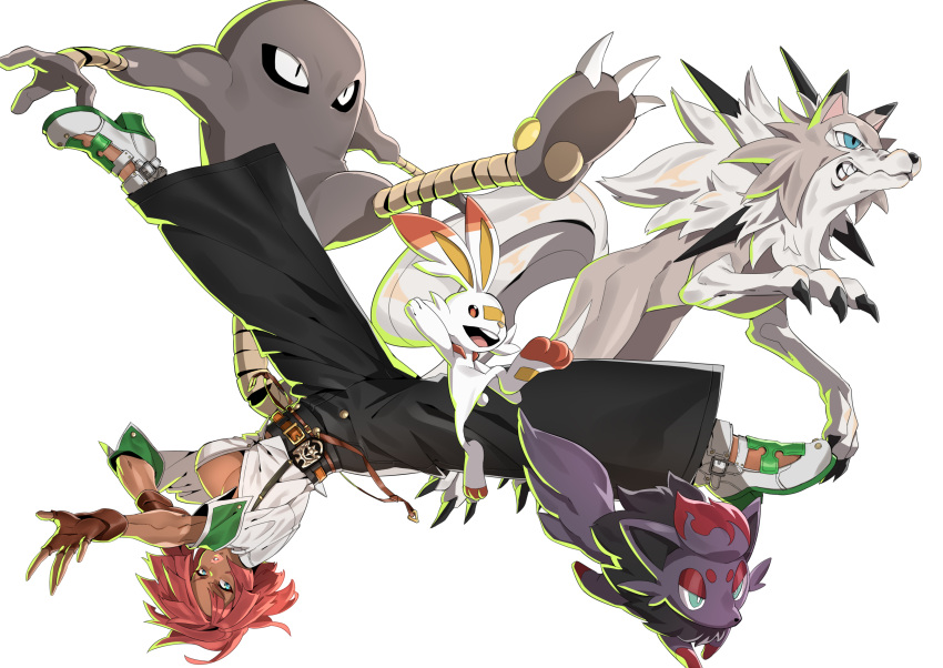 absurdres black_pants blue_eyes breasts brown_gloves claws cleavage crossover dark-skinned_female dark_skin fingerless_gloves giovanna_(guilty_gear) gloves guilty_gear guilty_gear_strive highres hitmonlee kicking large_breasts lips lycanroc lycanroc_(midday) makai pants parted_lips pokemon pokemon_(creature) red_hair scorbunny shirt short_hair simple_background suspenders white_background white_shirt zorua