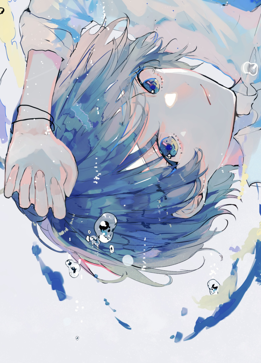 absurdres air_bubble blue_eyes blue_hair bracelet bubble closed_mouth collared_shirt commentary_request female grey_background hagimorijia highres jewelry long_sleeves looking_at_viewer original portrait shirt short_hair simple_background solo white_shirt