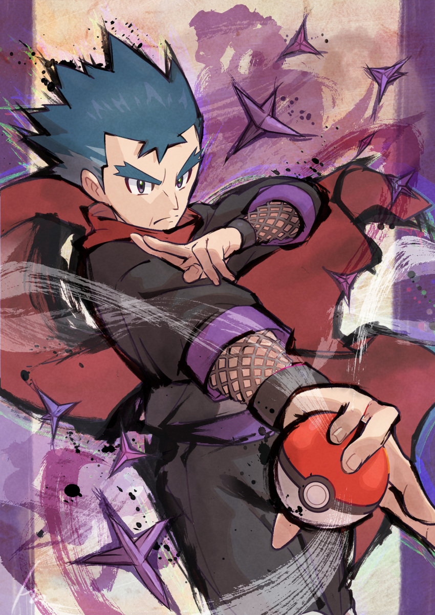 1boy bad_id bad_pixiv_id black_eyes black_hair caltrops closed_mouth commentary_request floating_scarf frown hand_up highres holding holding_poke_ball koga_(pokemon) male_focus ninja outstretched_arm poke_ball poke_ball_(basic) pokemon pokemon_hgss red_scarf scarf serious solo spiked_hair split_mouth tom_(pixiv10026189)