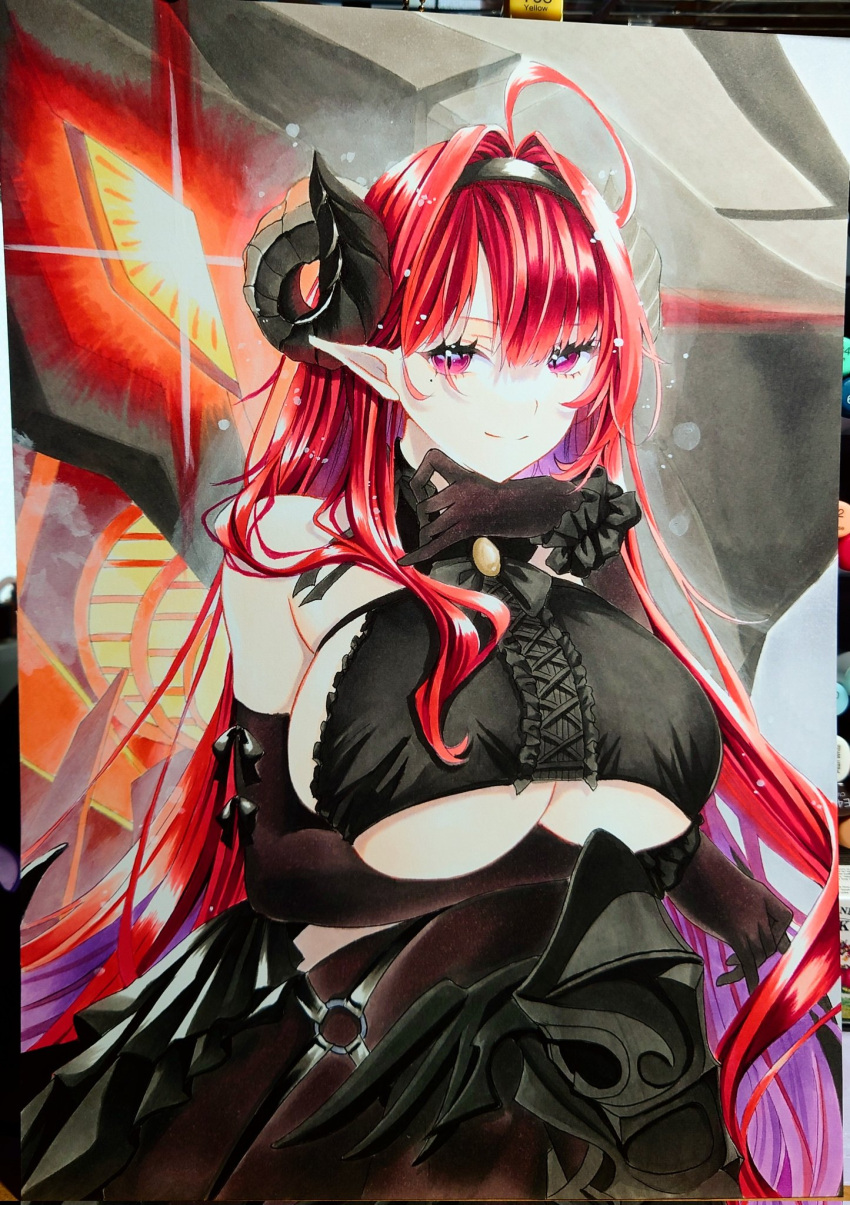 arms_under_breasts azur_lane black_gloves black_headband black_horns breasts center_cross_lace center_frills clothing_cutout cowboy_shot curled_horns demon_girl elbow_gloves female frilled_gloves frills gloves glowing glowing_eye headband highres hindenburg_(azur_lane) horns light_smile long_hair looking_at_viewer marker_(medium) mimi_(mini1474) non-humanoid_robot photo_(medium) pink_eyes pointy_ears red_hair robot robot_dragon solo traditional_media underboob underboob_cutout very_long_hair