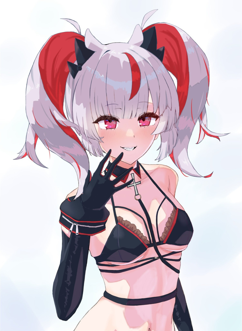 azur_lane bare_shoulders bikini black_bikini black_gloves breasts colored_inner_hair detached_collar elbow_gloves female gloves hand_up highres light_blush looking_at_viewer medium_breasts medium_hair multicolored_hair navel otto_von_alvensleben_(azur_lane) red_eyes red_hair sharp_teeth simple_background solo stomach streaked_hair swimsuit teeth two_side_up upper_body what_iq_wo white_background white_hair