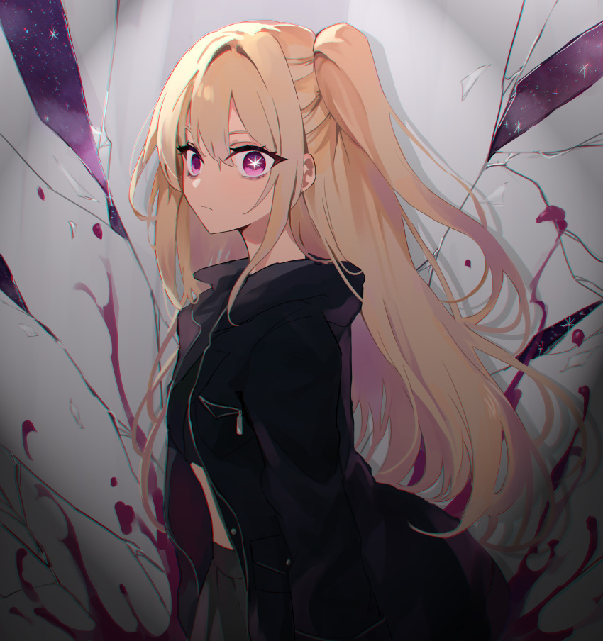 absurdres black_jacket black_skirt black_tank_top blonde_hair blood blood_splatter breasts commission female highres hoshino_ruby jacket kani_nyan long_hair looking_at_viewer medium_breasts mismatched_pupils oshi_no_ko pink_eyes pixiv_commission side_ponytail skirt solo star-shaped_pupils star_(symbol) symbol-shaped_pupils tank_top